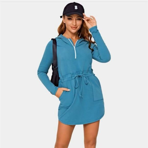 Halara Tik Tok Hooded Half Zip Drawstring Side Pocket Dress with No-liner Shorts - Picture 1 of 15